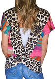 Women Fashion Striped T-Shirt Leopard Open Back T-Shirt