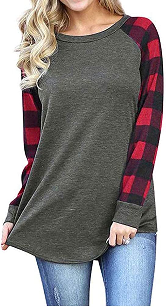 Women Solid Color Blouse Plaid Sleeve Tunic Shirt