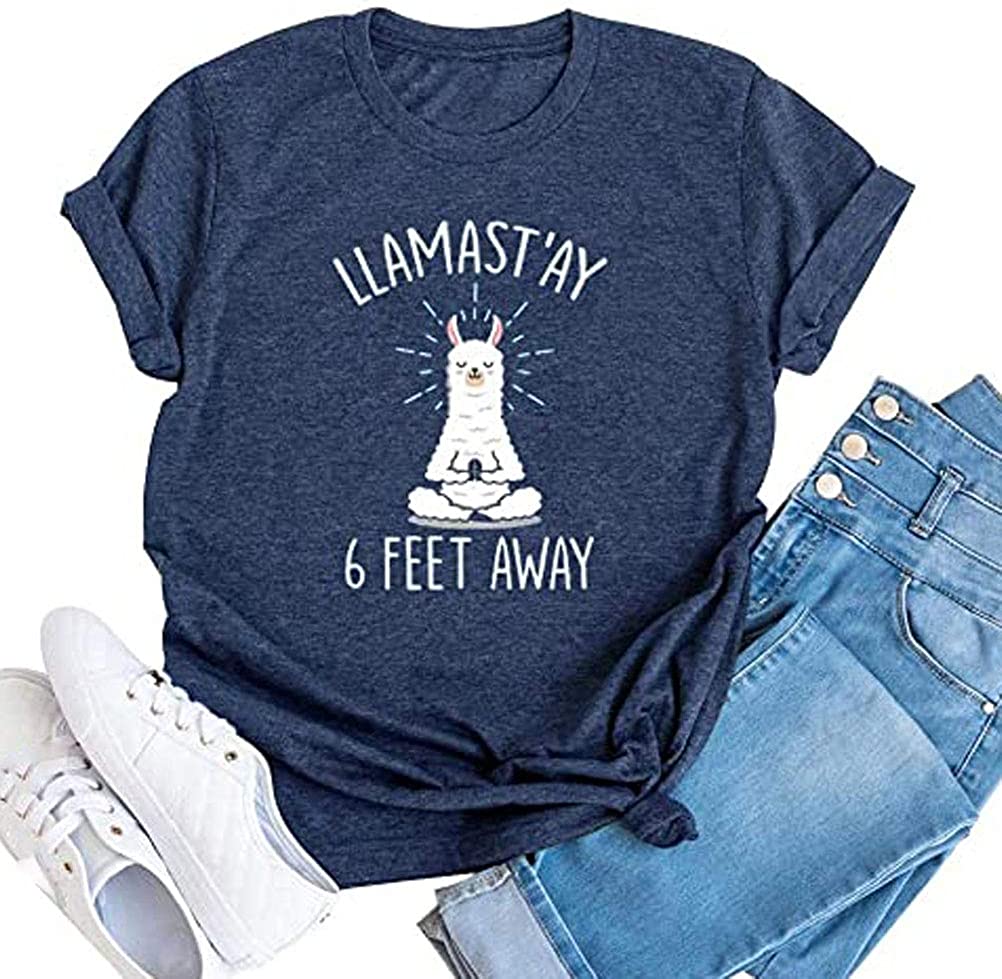 FZLYE Women Llamast'ay 6 Feet Away Letter Print T-Shirt Short Sleeve Llama Graphic Shirt