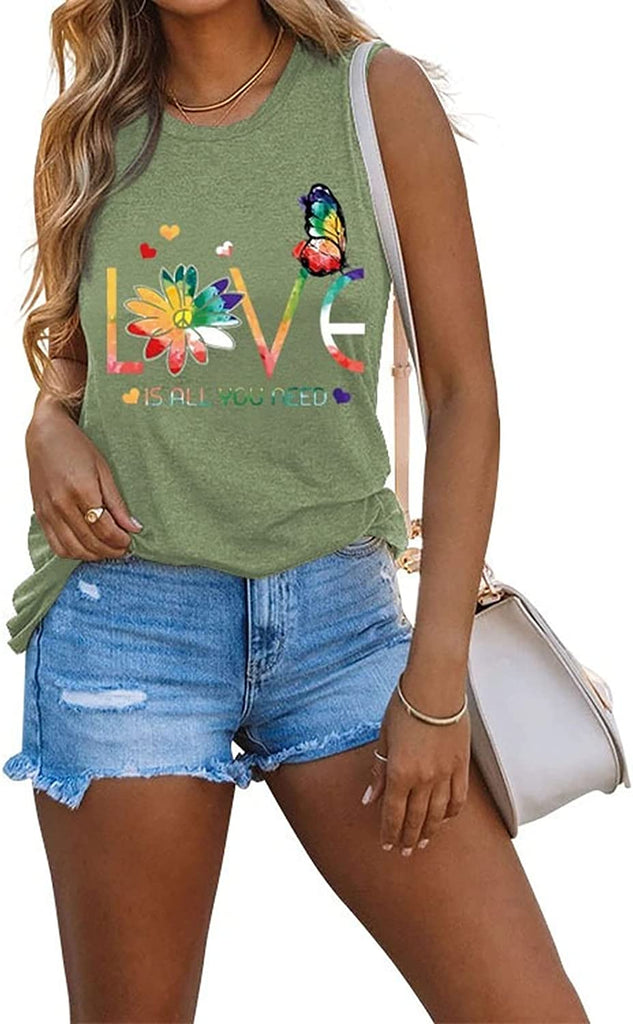 Funny Valentines Shirt Women Love is All You Need Daisy Butterfly PeaceTank Tops