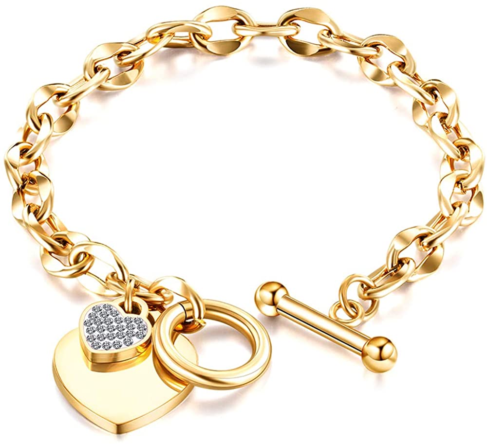 Womens Stainless Steel Link Chains Heart Charms Bracelets for Teen Age Girl Toggle Clasp Closure