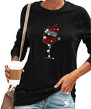 Women Fashion Blouse Christmas Red Wine Glass Print Round Neck Long Sleeved T-Shirt