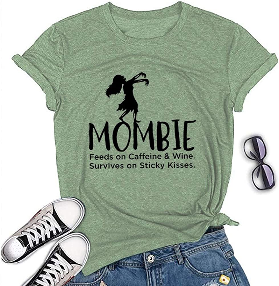 Women Mombie Feeds on Caffeine and Wine Shirt Round Neck Short Sleeve T-Shirt (2-Green,Small)