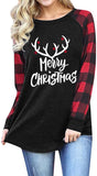 Women Fashion Blouse Christmas Deer Head Buffalo Plaid Long Sleeve Shirt