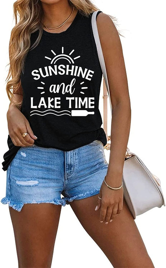 Women Sunshine and Lake Time Graphic Tank Shirt