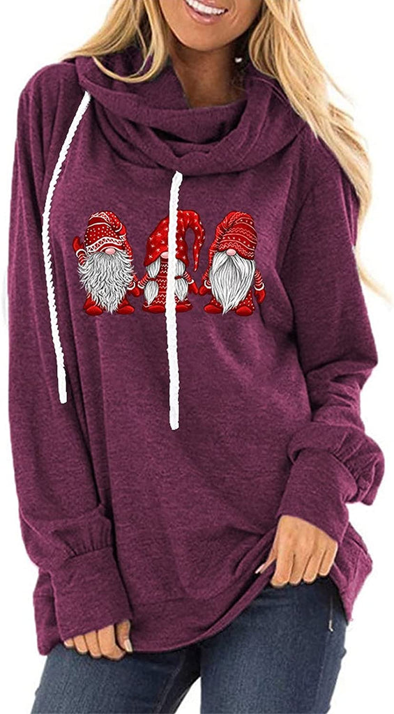Women Drawstring Hooded Sweater Santa Claus Loose Long Sleeve Sweatshirt