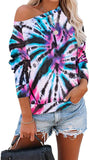 Women Off Shoulder Long Sleeve Tie Dye Blouse Multi Color Sweatshirt