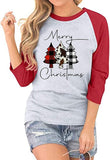 Women Buffalo Plaid Christmas Shirt Merry Christmas 3/4 Raglan Sleeves Blouse