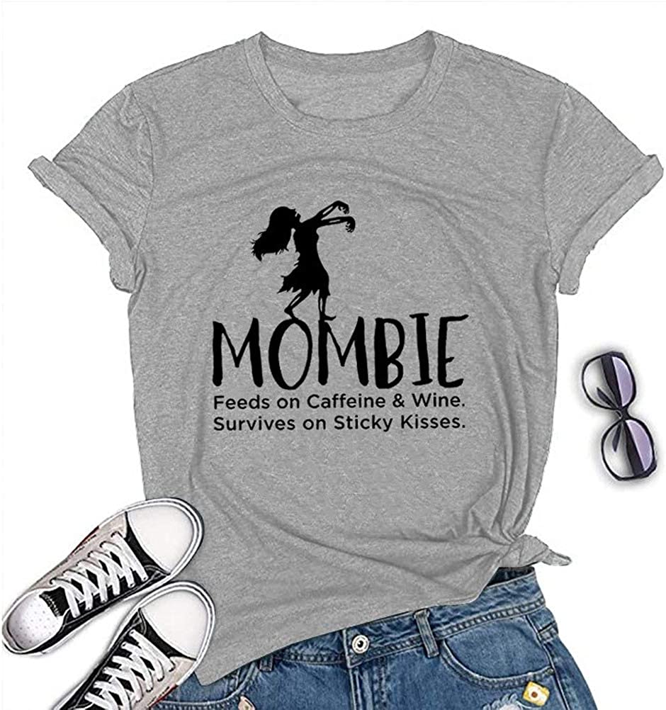 Women Mombie Feeds on Caffeine and Wine Shirt Round Neck Short Sleeve T-Shirt (Gray,XX-Large)