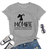 Women Mombie Feeds on Caffeine and Wine Shirt Round Neck Short Sleeve T-Shirt (Gray,Small)