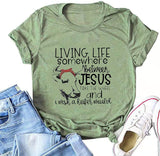 Women Living Life Somewhere Between Jesus take The Wheel Heifer T-Shirt