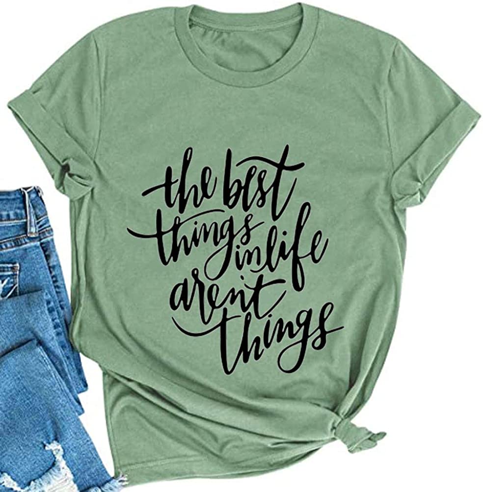 FZLYE Womens The Best Things in Life aren't Things Shirts Short Sleeve Loose Casual Tshirts Junior Teen Girls Graphic Tees (X-Large,2Green)