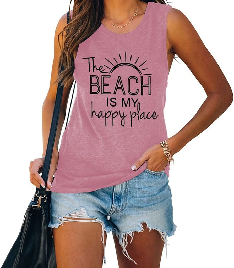 The Beach is My Happy Place Sleeveless Shirt for Women Summer Beach Tank Shirt