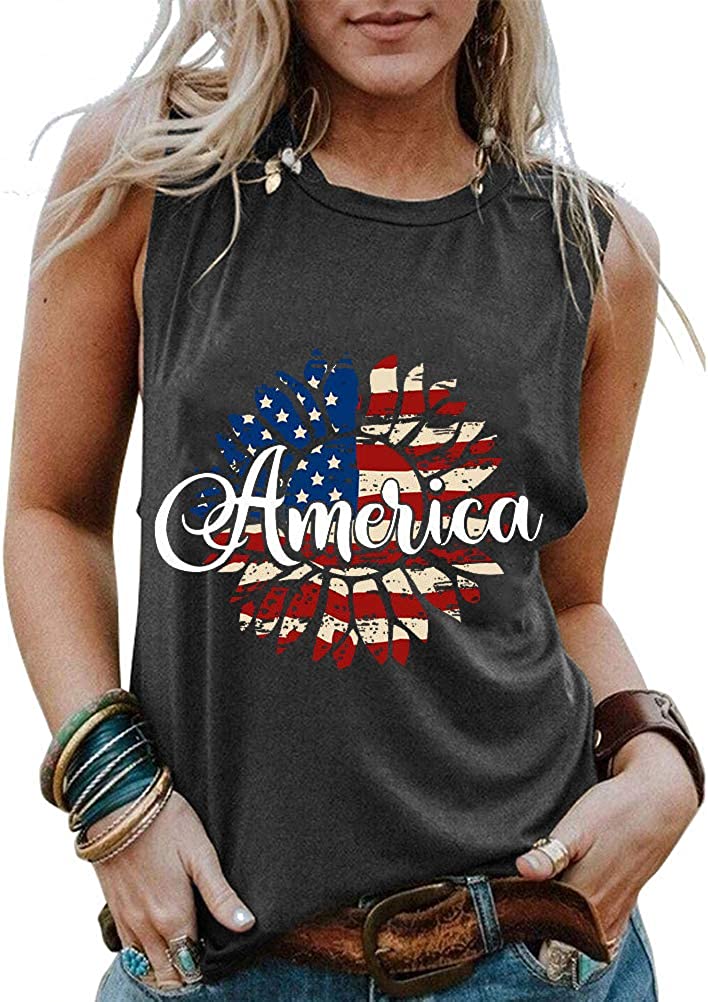 Women American Flag Sunflowers Patriotic Tank Top 4th of July Shirt