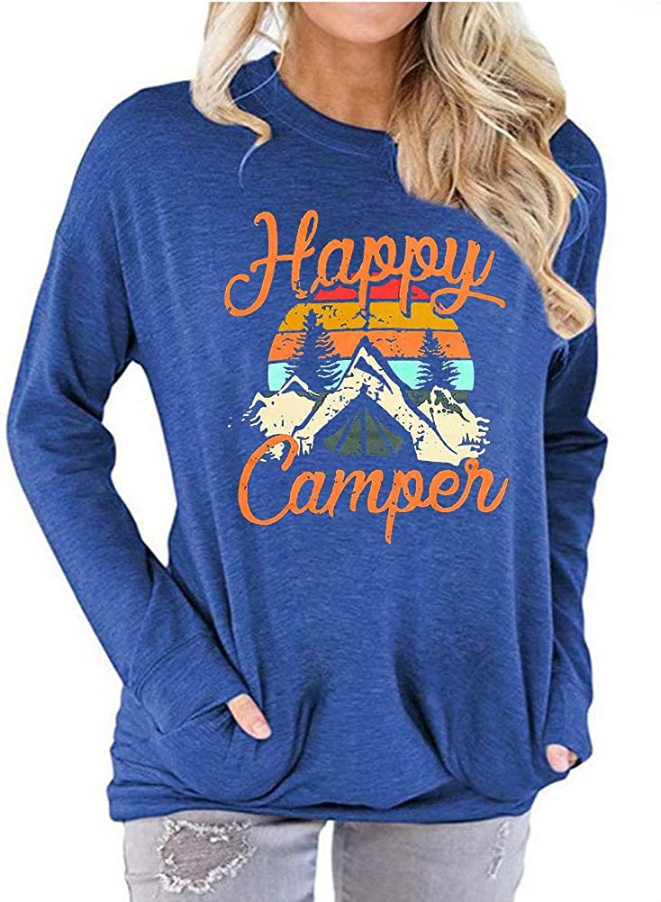 Women Happy Camper Long Sleeve Blouse with Pockets