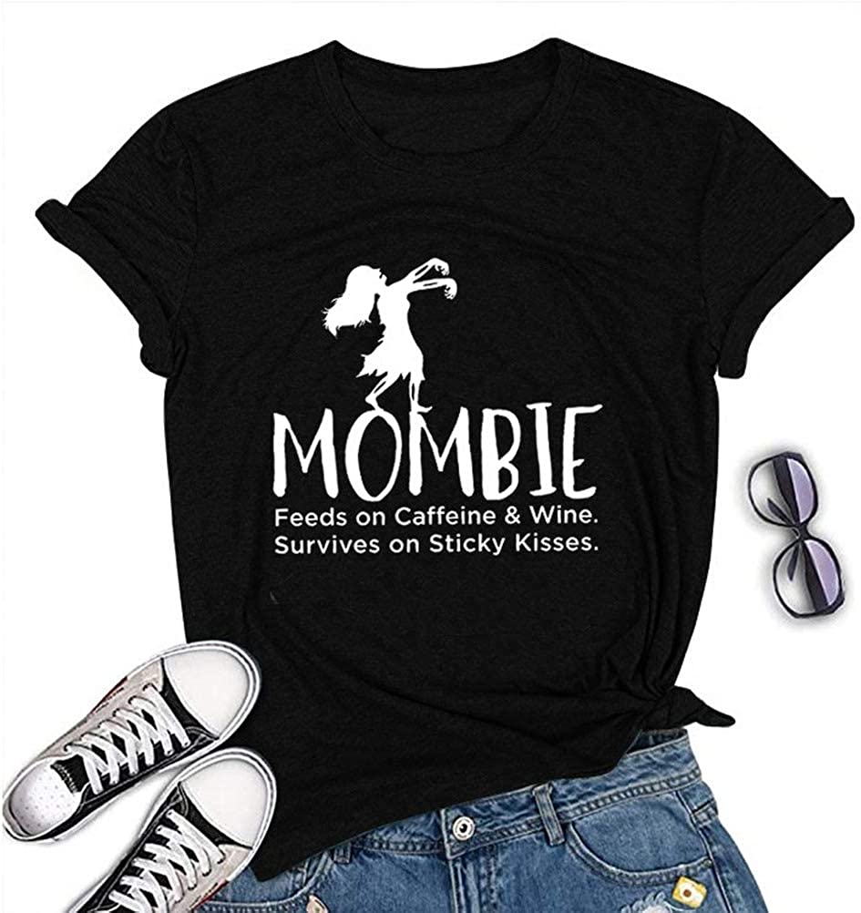Women Mombie Feeds on Caffeine and Wine Shirt Round Neck Short Sleeve T-Shirt (Black,Medium)