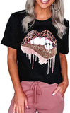 Women Leopard Lips T-Shirt Shiny Lipstick Shirt