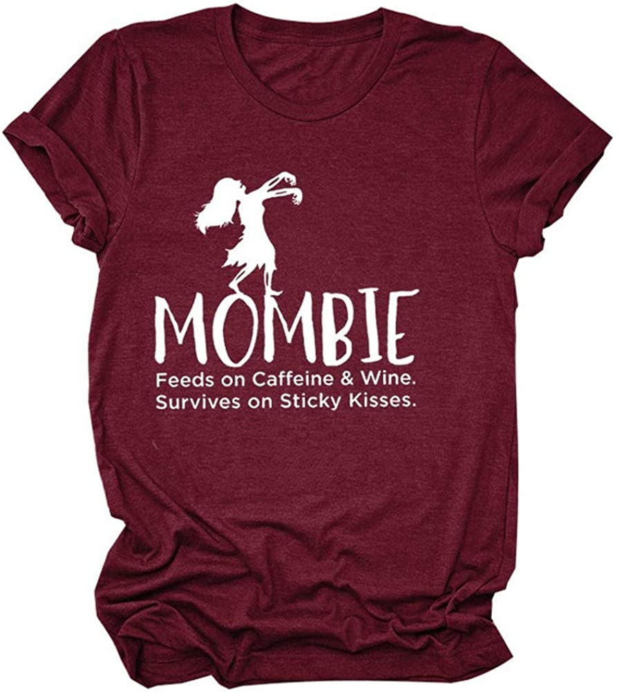 Women Mombie Feeds on Caffeine and Wine Shirt Round Neck Short Sleeve T-Shirt (WineRed,Small)