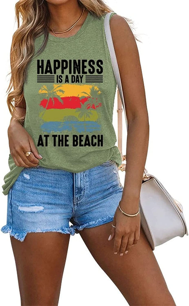 Women Happiness is A Day at The Beach Tank Tops Shirt