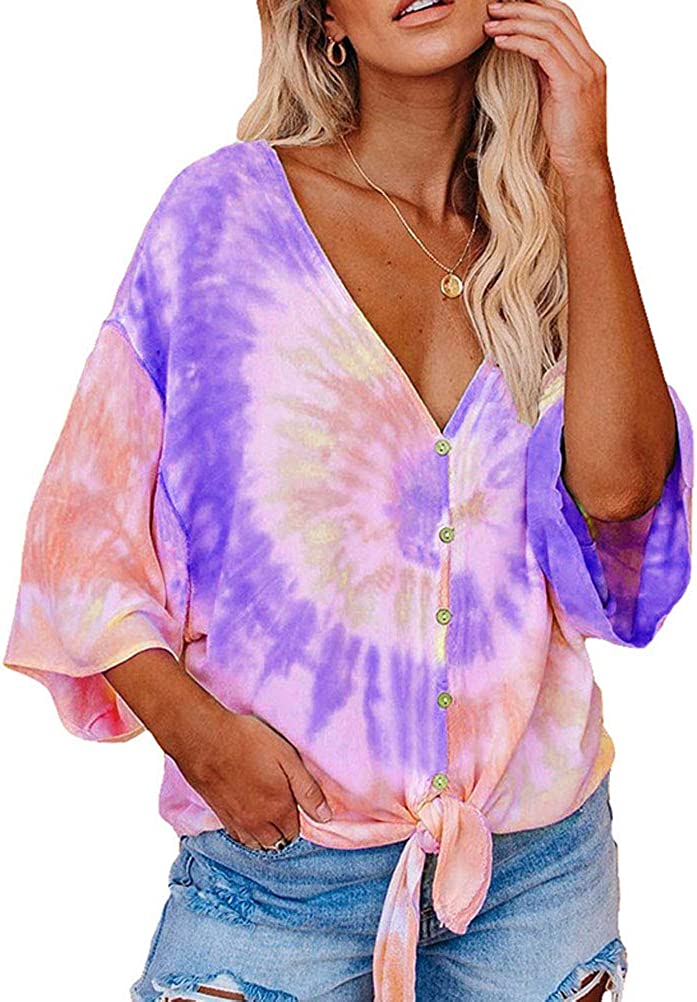 Women V Neck 3/4 Bat Sleeve Tie dye Blouse with Buttons