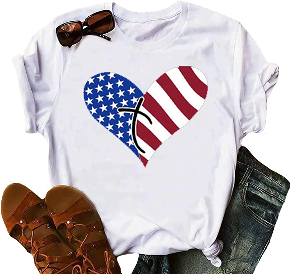 Women American Flag T-Shirt Heart Faith Shirt for Independence Day