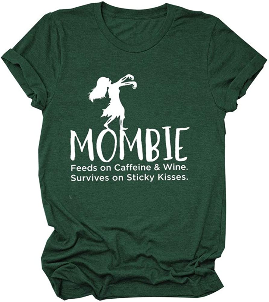 Women Mombie Feeds on Caffeine and Wine Shirt Round Neck Short Sleeve T-Shirt (FGreen,X-Large)