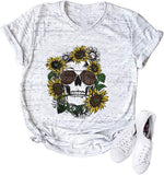 Women Sunflower Skull Leopard Skull T-Shirt