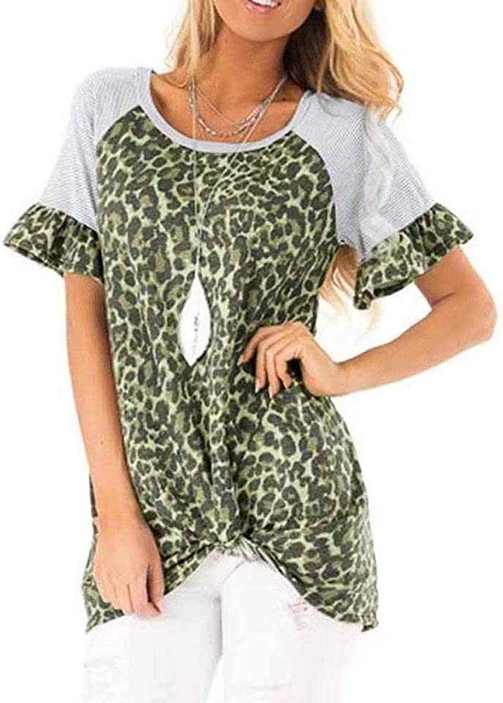 Women Raglan Short Sleeve Leopard Stitching Twist Knotted T-Shirt