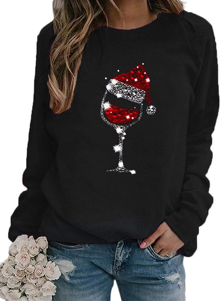 Women Long Sleeve Wine Sweatshirt Wine Glasses with Santa Hat for Christmas Sweatshirt