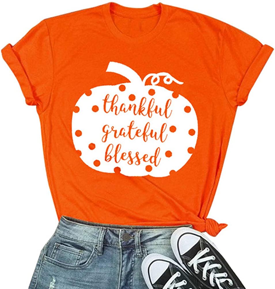 Women Thankful Grateful Blessed T-Shirt Pumpkin Shirt