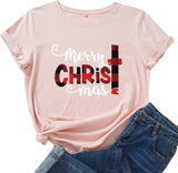 Women Merry Christmas T-Shirt Buffalo Plaid Christ Shirt
