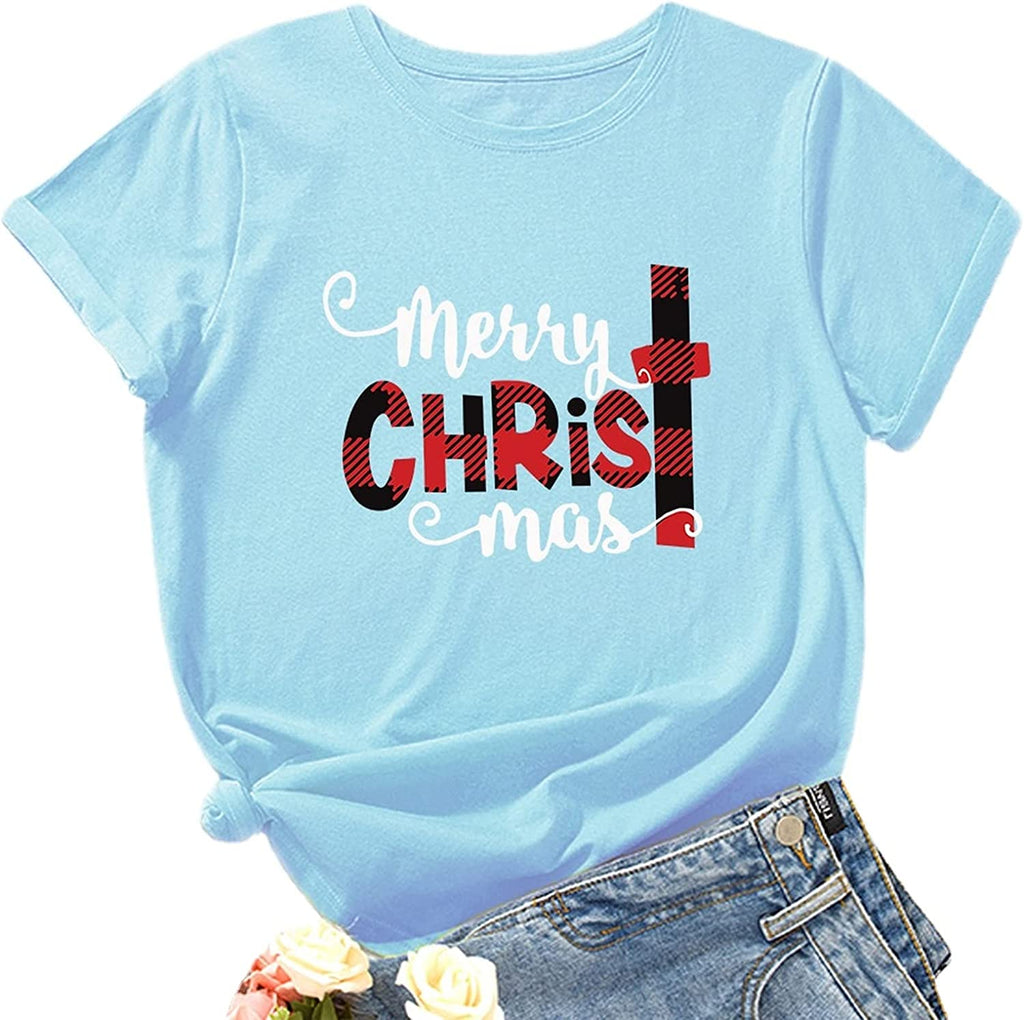 Women Merry Christmas T-Shirt Buffalo Plaid Christ Shirt