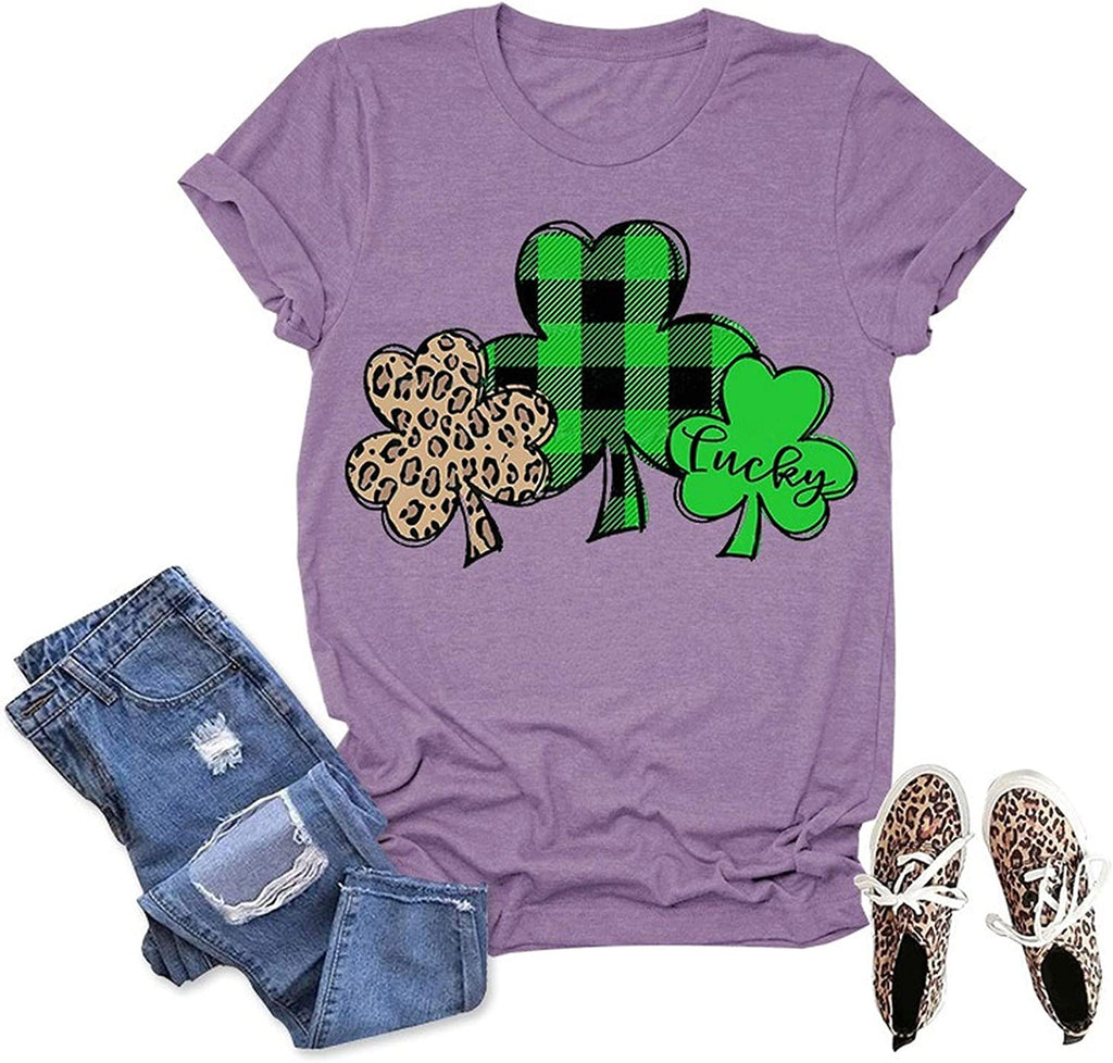 Women Green Buffalo Plaid & Leopard Lucky Clovers T-Shirt St Patricks Day Shirt