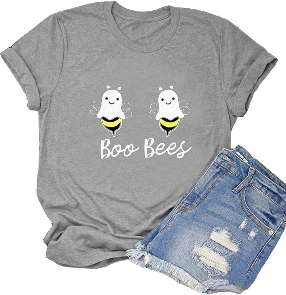 Women Boo Bees T-Shirt Halloween Cartoon Pumpkin Funny Shirt