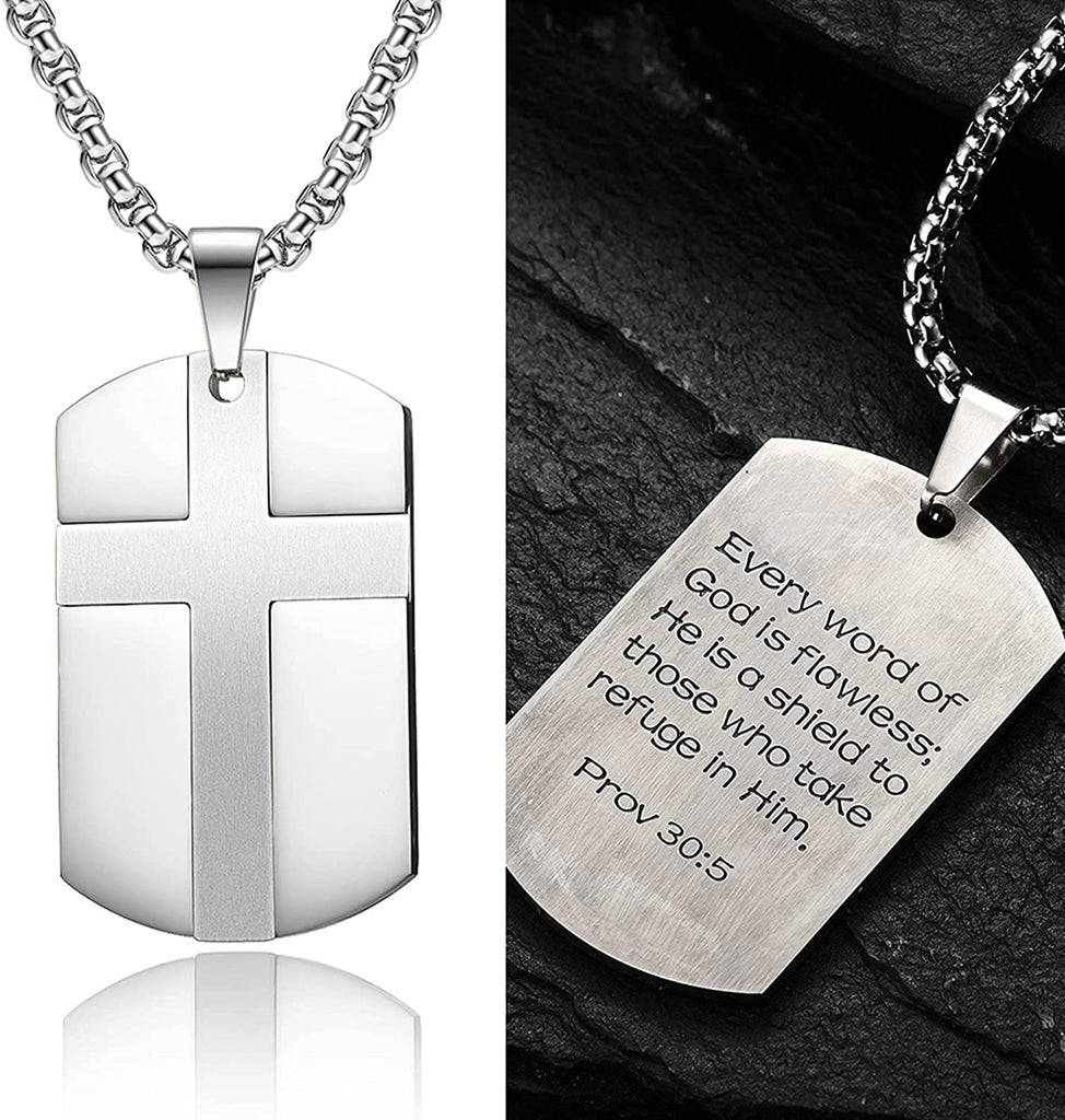 Men's Stainless Steel Black Silver Gold Cross Tag Pendant Necklace for Men Lord's Prayer Necklace Engraved Bible