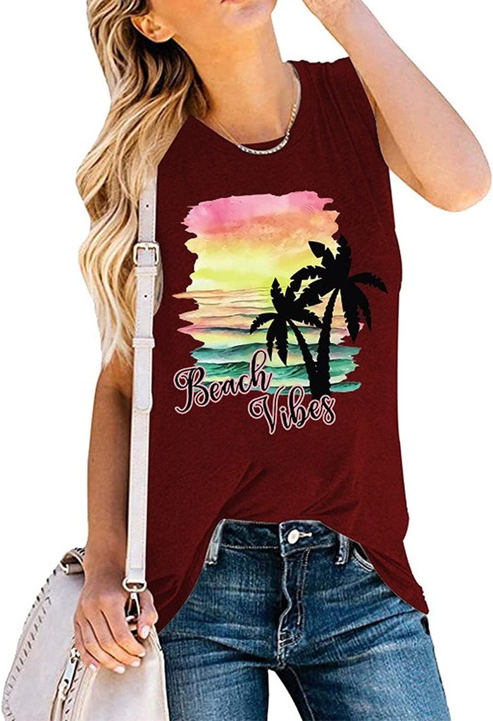 Women Beach Vibes Sleeveless Shirt Beach Tank Top