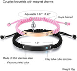 NEHZUS Couples Magnetic Charms Rope Braided Bracelets Custom Name Stainless Steel Bar Bracelet Personalized Jewelry for Men Women Anniversary