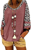 Women Blouse 3/4 Raglan Sleeves Striped Contrast Color Leopard Print Tunic Top for Women