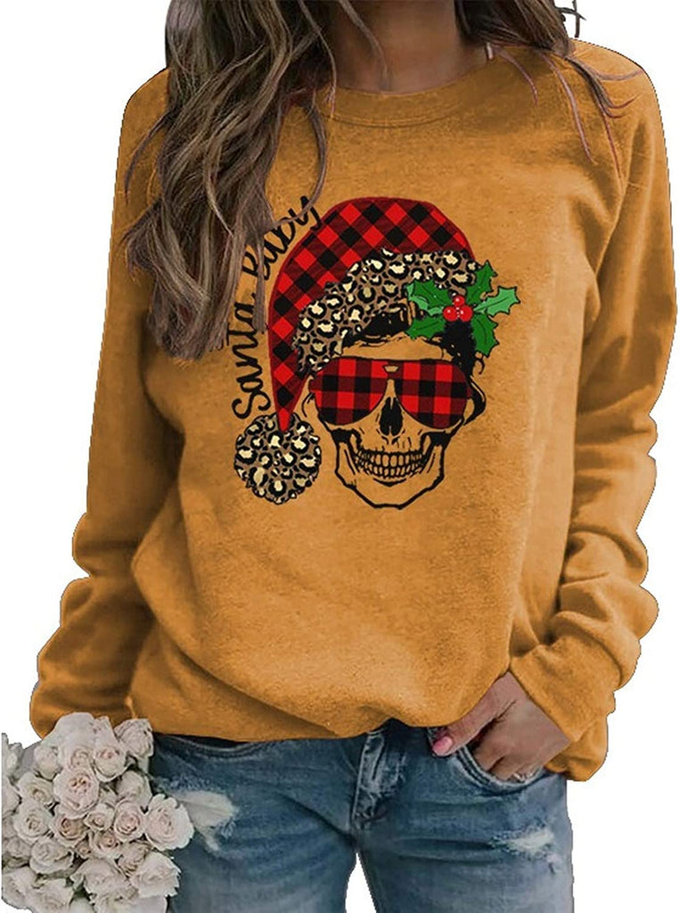 Women Long Sleeve Buffalo Plaid Santa Baby Christmas Skull Sweatshirt