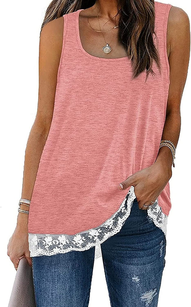 Women Fashion Tank Tops Solid Color Stitching Lace Square Round Neck Shirt
