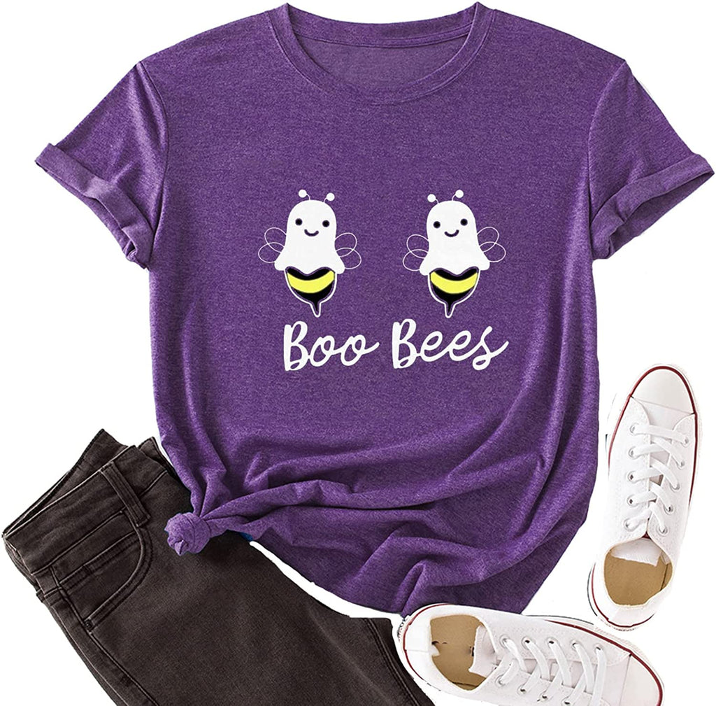 Women Boo Bees T-Shirt Halloween Cartoon Pumpkin Trick or Treat Funny Shirt (Purple, X-Large)