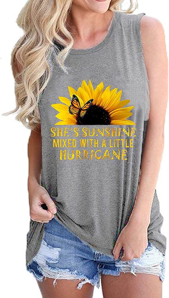 Women She's Sunshine Mixed with A Little Hurricane Graphic Shirt Sunflower Tank Tops