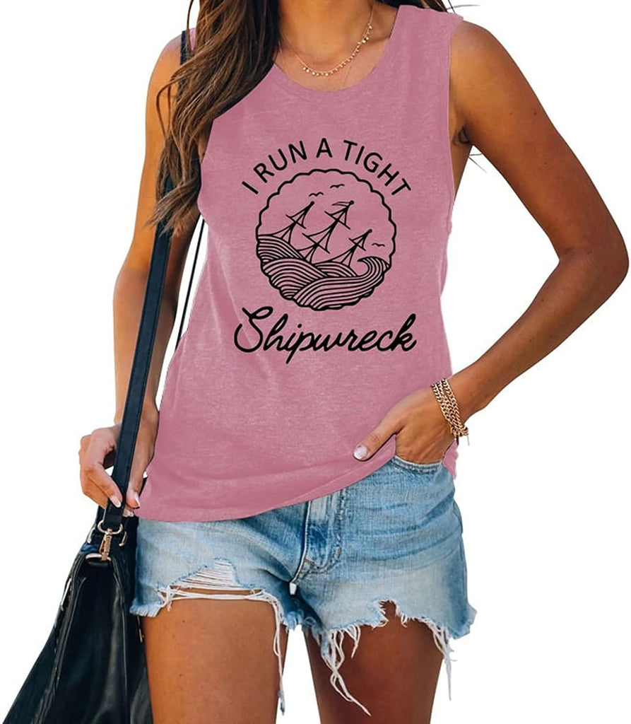 Women I Run A Tight Shipwreck Graphic Tshirt Short Sleeve Casual Funny Mom Shirt Tops