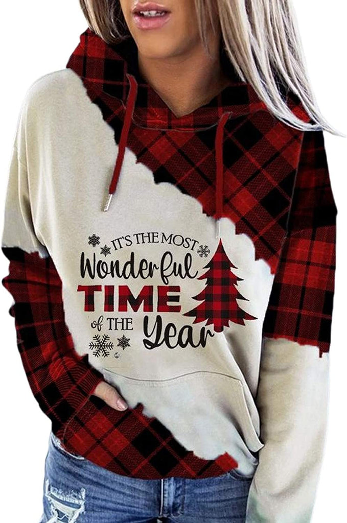 Women Long Sleeve It's The Most Wonderful Time of The Year Buffalo Plaid Hoodie Christams Sweatshirt