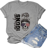 Women Messy Buns and Guns T-Shirt American Flag Skull Shirt
