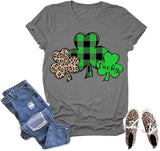 Women Green Buffalo Plaid & Leopard Lucky Clovers T-Shirt St Patricks Day Shirt
