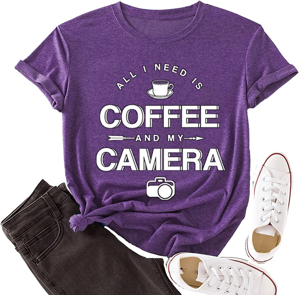 Women Coffee and My Camera T-Shirt Coffee Graphic Shirt