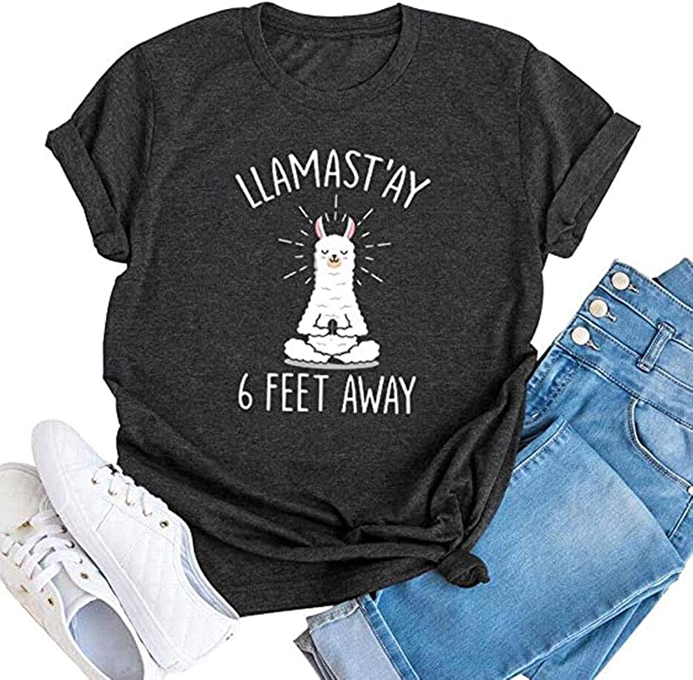 FZLYE Women Llamast'ay 6 Feet Away Letter Print T-Shirt Short Sleeve Llama Graphic Shirt