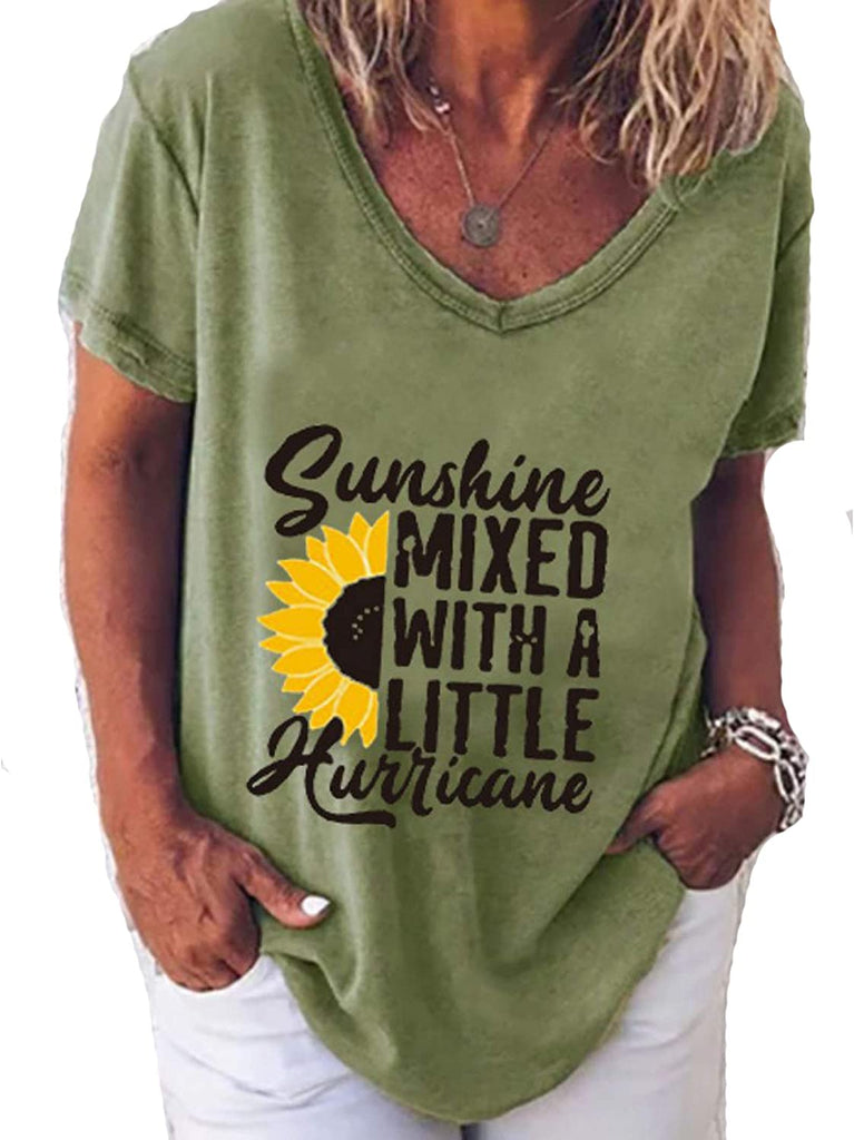 Women V-Neck Sunshine Mixed with A Little Hurricane Women Graphic T-Shirt Sunflower Shirt