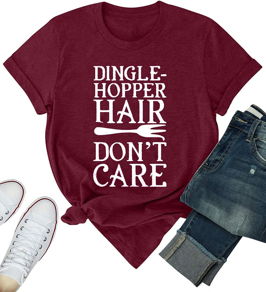 Women Dingle-Hopper Hair Don't Care Graphic T-Shirt Casual Tops Tee